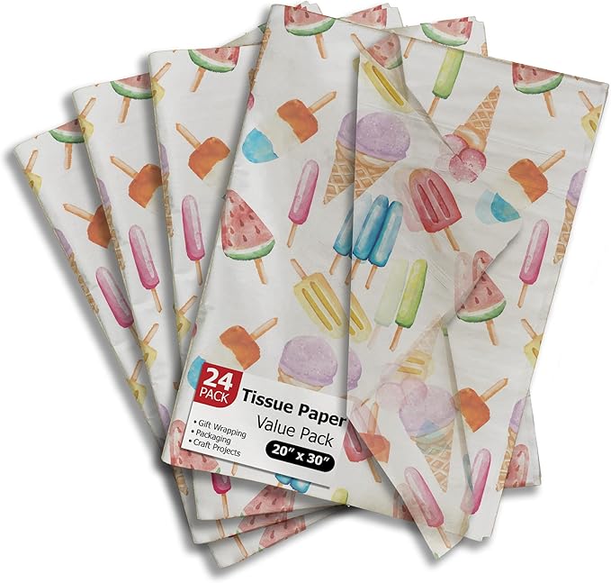 Pro Supply Global Popsicles Printed Tissue Paper for Gift Bags or Boxes and Wrapping - Summer Bulk Decorative Art Tissue Paper for Packaging and Gifting | 24 Sheets 20" x 30"