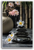 A harmonious black stone stack paired with white and pink flowers bamboo and ceramic vases creates a tranquil Zen decor for minimalist homes and mindful spaces 16x24in Frameless