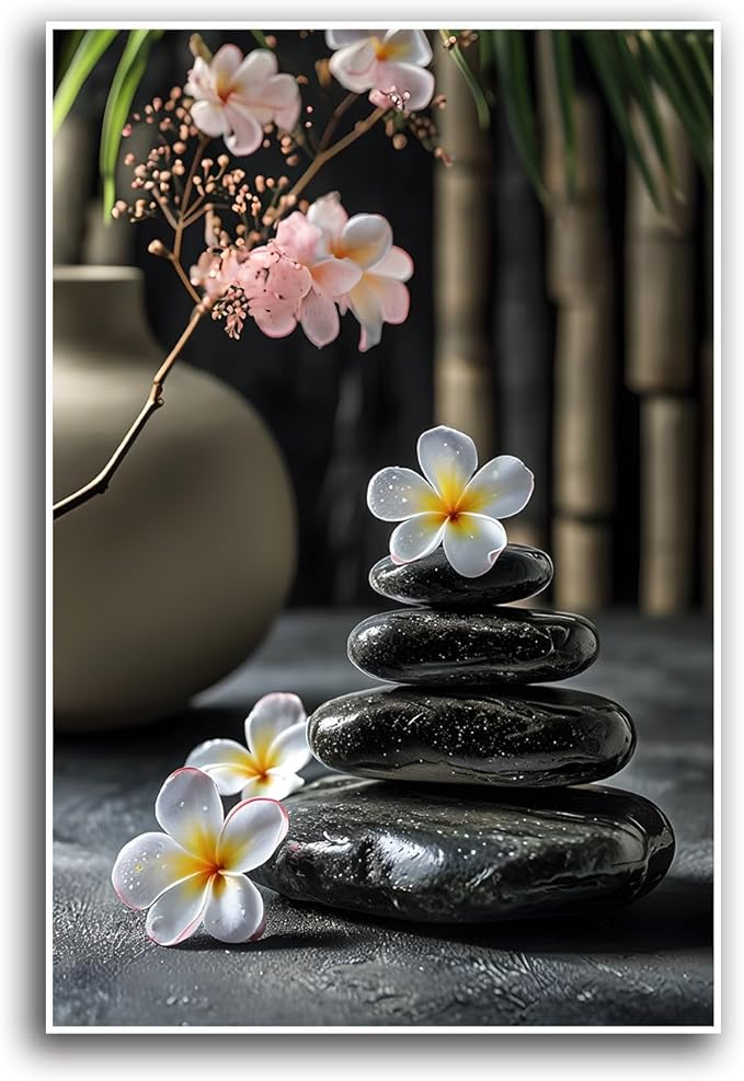 A harmonious black stone stack paired with white and pink flowers bamboo and ceramic vases creates a tranquil Zen decor for minimalist homes and mindful spaces 20x30in Frameless