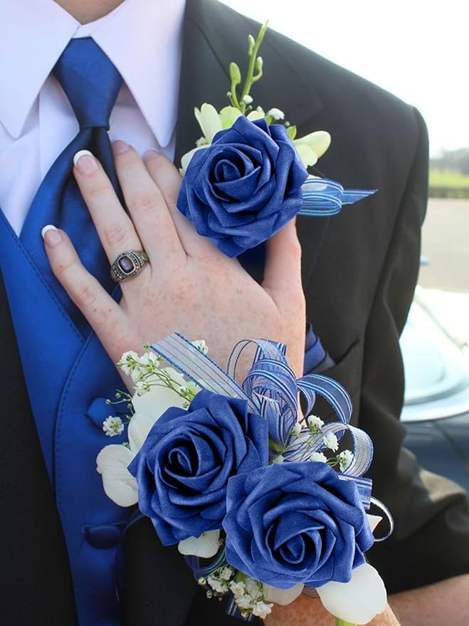 MACTING Artificial Flower Roses 30PCS Real Touch Fake Flowers with Stem Foam Roses for DIY Wedding Bouquets Backdrop Party Bridal Shower Spring Home Valentines Day Decorations,Dark Royal Blue