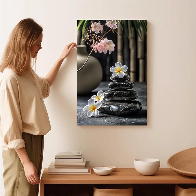 A harmonious black stone stack paired with white and pink flowers bamboo and ceramic vases creates a tranquil Zen decor for minimalist homes and mindful spaces 24x36in Frameless