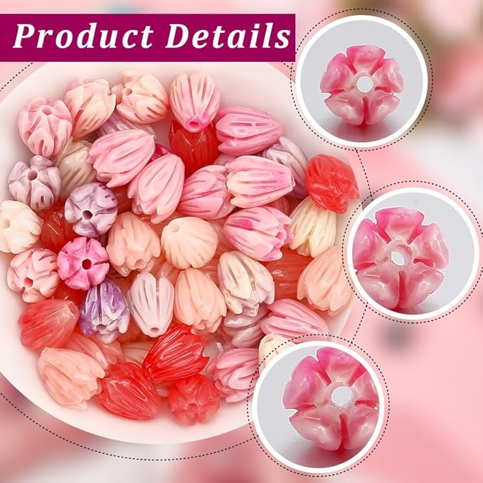 1 Box 4 Colors 80Pcs Acrylic Flower Beads Artificial Flower Beads Bulk Loose Plastic Jasmine Coral Colorful Floral Spacer for Jewelry Making Findings Necklace Bracelet DIY Crafts Beginner