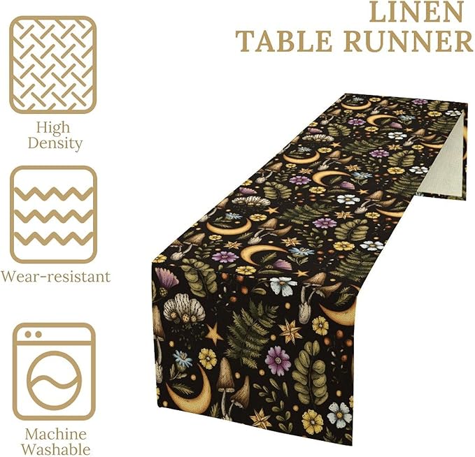 Vintage Mushroom Table Runner, Rustic Botanical Flowers Fern Moon Star Print Table Runner for Home Kitchen Dining Table Decoration Indoor Outdoor Party, 13x108inch