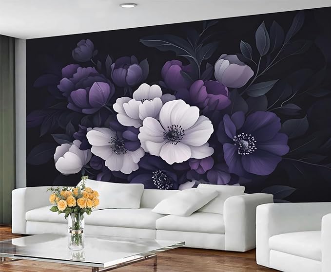 Dark Peony Floral Wall Mural, Purple and Black Flower 3D Wall Murals, Luxury Botanical Wallpaper Mural, for Living Room Bedroom Large Wallpaper Indoor Decor 157.5" W x110.3 H