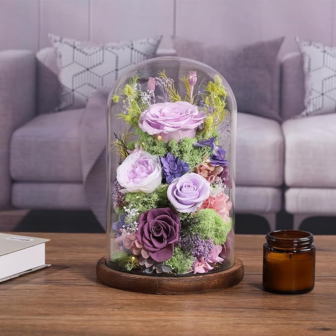 Flowers for Delivery Preserved Flowers Rose in Glass Dome,Lilac Rose Forever Flowers Birthday Gifts for Women Mom Grandma Friend Gifts for Her,Home Decor