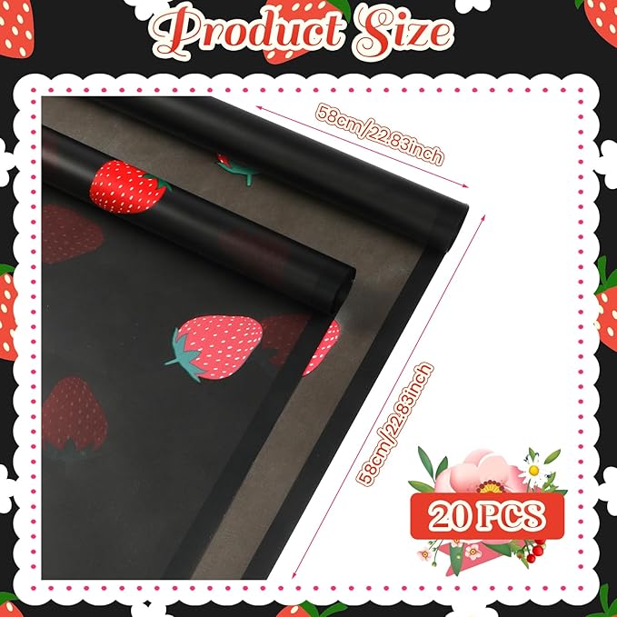 Liobelon 20 Sheets Flower Wrapping Paper Waterproof Bouquet Paper with Strawberry Pattern Black Gift Wrapping Paper for Flower Shop, Wedding, Birthday Party, Handmade DIY, Anniversary 22.8 x 22.8Inch