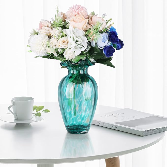 Blown Glass Art Vase - Green, Transparent, Unique, Modern - Wide Mouth for Living Room, Wedding, Dining Table, Office