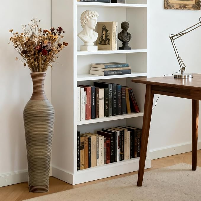 39-Inch Tall Vintage Floor Vase - Premium PVC Rattan Weave, Large Brown Standing Vase, Flower Holder for Home Decor (Light Brown)