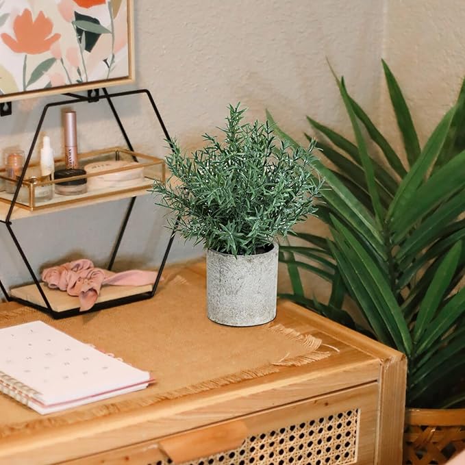 2 Pack Small Fake Plants Rosemary Potted Artificial Plants for Shelf Desk Home Kitchen Bathroom Farmhouse Room Coffee Table Decor (Green)