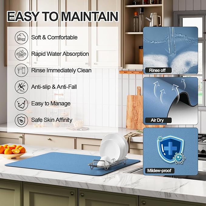 Dish Drying Mat for Kitchen Counter | Coffee Bar Mat for Countertops | Heat Resistant Drainer Mat with Non-slip Rubber Backed | Hide Stain Kitchen Absorbent Draining Mat | Blue 18"x28"