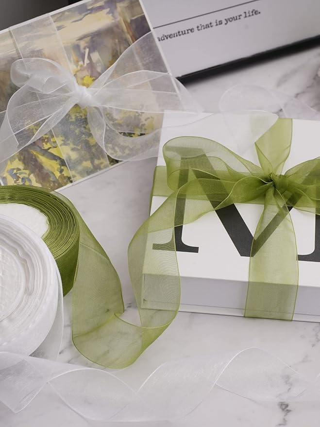 White Organza Ribbon for Gift Wrapping, FAKILO 2 Inch Shimmer Sheer Wrapping Ribbon for Bouquet, Wedding, Christmas Gift - 50 Yards Each Roll