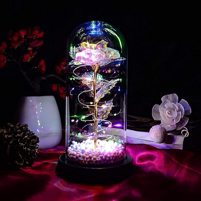 QUELIEN Christmas Rose Flower Gifts for her,Artificial Flower Lasts in A Glass Dome, Unique Gifts is for Mothers Day,Christmas,Anniversary(Color)