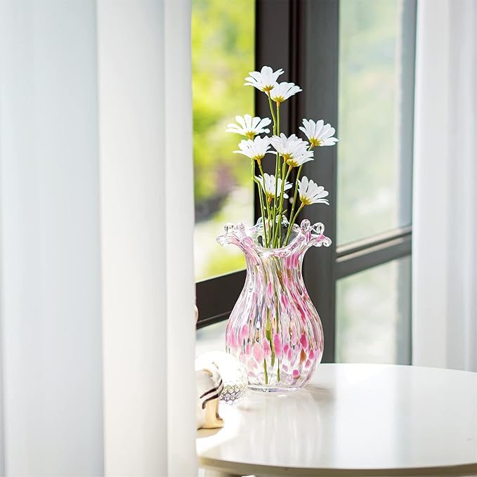 QFkris Handblown Glass Vase, Modern Art Flower Vase with Pink Petal Decorative for Home Decor, 8.5 inch Tall for Living Room Dining Tabletop Centerpiece Statement Office Decoration