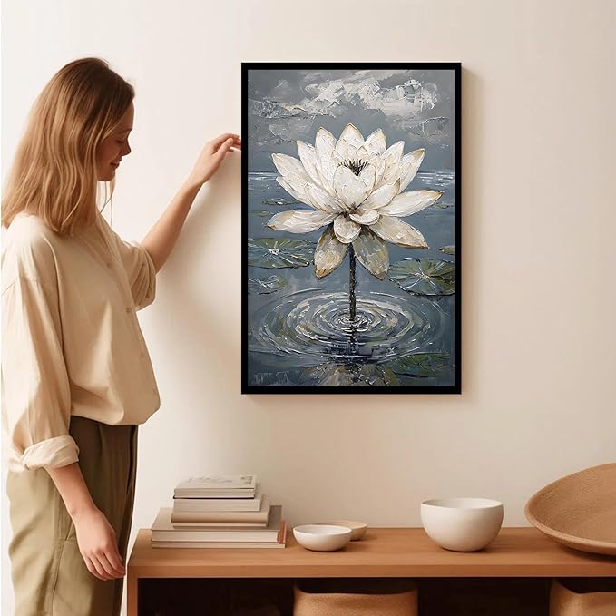 Stunning white lotus emerges from prismatic water with delicate petals background Serene aquatic wall art suitable for modern minimalist decor 16x24in Metal blackFramed