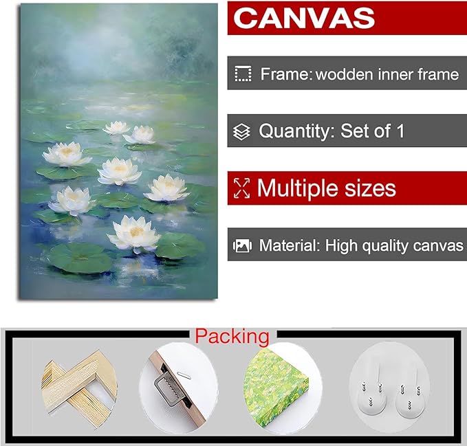 Zen wall art Delicate white lotus flower floating on calm water Vintage oil painting print Serene aquatic wall art creates a tranquil home decor 28x40in Wood Framed