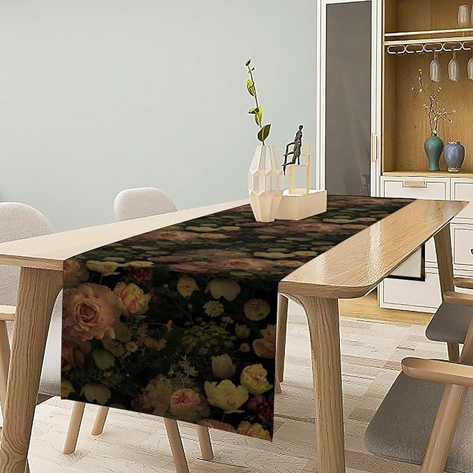 Vintage Floral Table Runner,Pink Flowers Rose Gothic Print Table Runner for Home Kitchen Table Dining Indoor Outdoor Party Decor 13x70 Inch