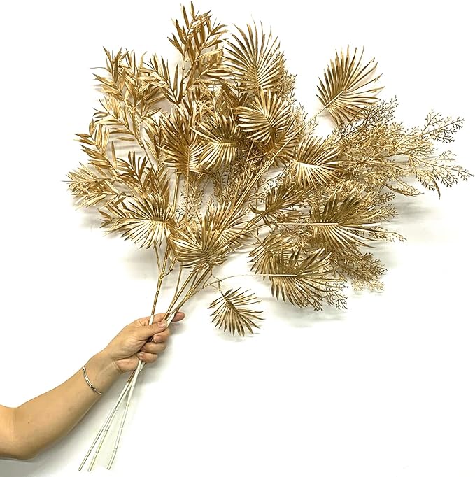 Christmas Decor Artificial Gold Plants 30" Tall 2 Pack, Faux Golden Fans Palm Leaves Plastic Fake Tropical Grass Flowers for Home Indoor Room Wedding Centerpiece Decoration Hall Table Vase Filler DIY