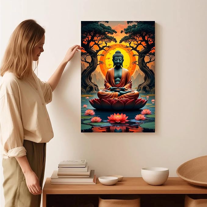 Canvas wall art Golden Buddha on lotus at sunset Ancient trees with reflections on water Serene meditation scene Uplifting wall art for mindfulness and tranquil home decor 16x24in Wood Framed
