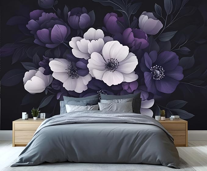Dark Peony Floral Wall Mural, Purple and Black Flower 3D Wall Murals, Luxury Botanical Wallpaper Mural, for Living Room Bedroom Large Wallpaper Indoor Decor 157.5" W x110.3 H