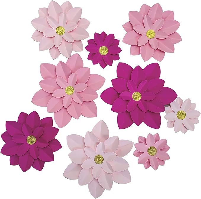 Pink Paper Flower Wall Decor DIY Paper Floral Backdrop Nursery Decor Pack of 9 (10"-6")