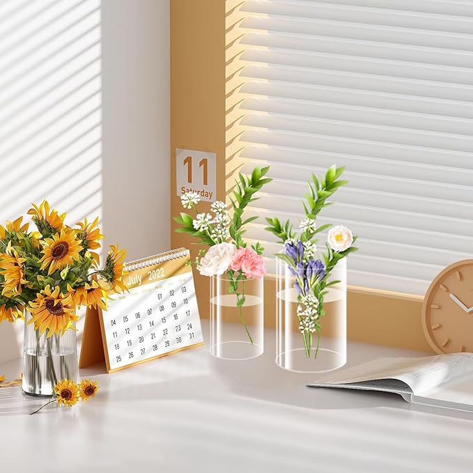 12 Pack Plastic Cylinder Vases, 4 6 8 10 Inch Tall Acrylic Cylinder Clear Flower Vase Set Bulk Glass Like Large Round Plastic Vases for Centerpiece Wedding Home Office (12)