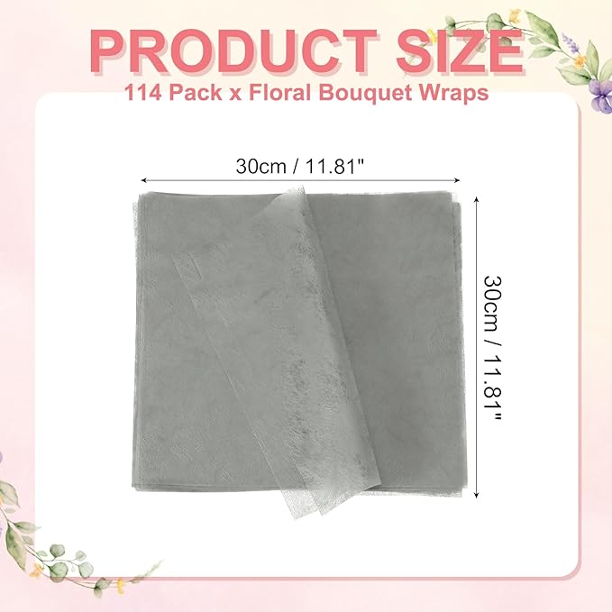 YELARXI Flower Wrapping Paper, Cotton Wrapping Flower Paper, Non-Woven Waterproof Floral Bouquet Wraps - Fitting for (Florist Supplies/Gift) 11.8 x 11.8 Inch & 114 Pack & Gray