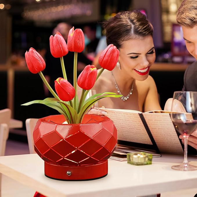 Birthday Gifts for Women,Red Tulips Flower Home Decor Touch Table Lamp,3-Colour Dimming Rechargeable Cordless Small Night Light for Festival Housewarming Gifts for Mom