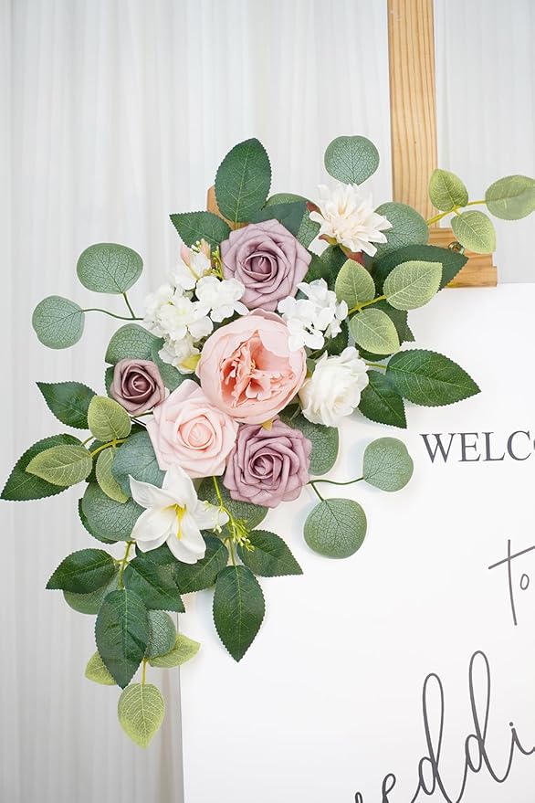 WEIERYUE(Pack of 2 Artificial Flowers Decorations,Artificial Arch Backdrop Garlandfor Ceremony Party Reception Entrance Welcome Easel Door Floral Decor Wall Home Entryway Outdoor(Bean Paste Powder)
