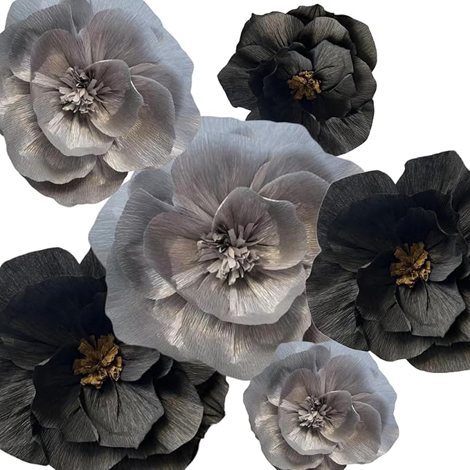 BRT Bearingshui Crepe Paper Flowers Decoration for Wall Total 6 Pcs, Artificial Flowers for Wedding Decor,Flower Backdrop Decor, Baby Bridal Shower Birthday Party, Silver Black 3D Wall Flowers Decor