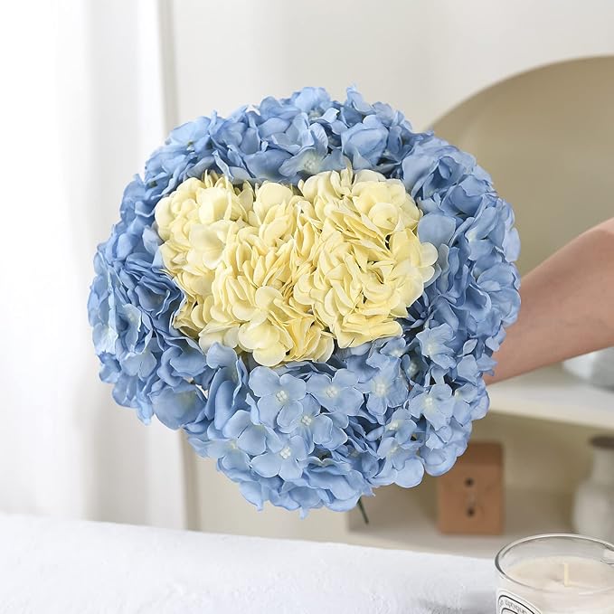 10PCS Artificial Hydrangea Flowers, Fake Hydrangea Silk Flowers Heads with Stems for Wedding Home Party Shop Baby Shower Decoration-Light Blue