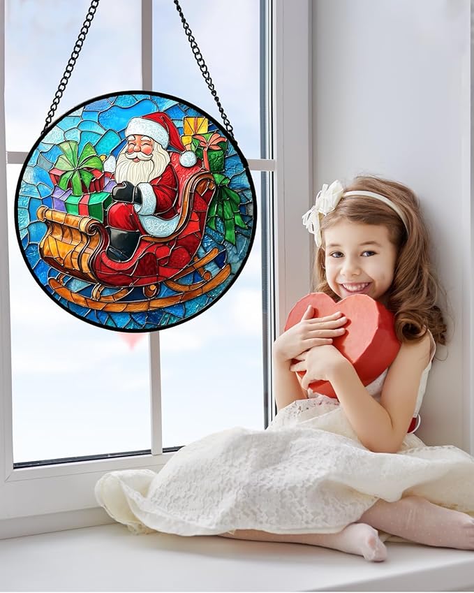 Stained Glass Window Hanging - Red Santa Claus Gift Box Suncatcher for Doors Home Christmas Decoration Winter Sun Catcher Thanksgiving New Year Birthday Gift for Women Men Mom Nana 11.8 in