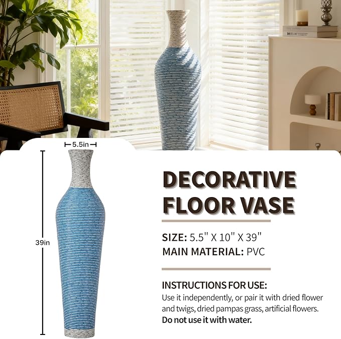 39-Inch Tall Vintage Floor Vase - Premium PVC Rattan Weave, Large Blue and White Striped Standing Vase, Flower Holder for Home Decor (Blue)