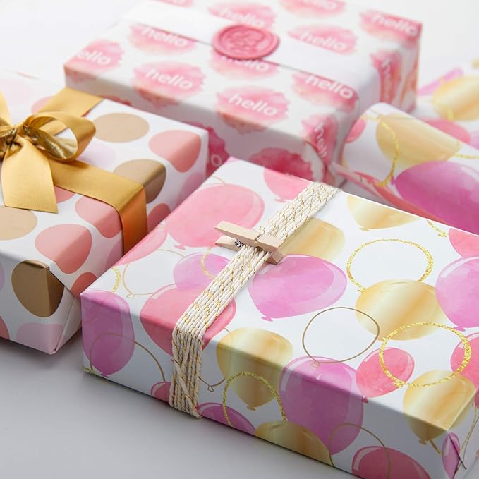 WRAPAHOLIC 30 Inch Wrapping Paper Roll - Pink Purple Gold Print Celebrating Balloon Design for Birthday, Holiday, Wedding, Baby Shower Wrap - 30 inch x 33 feet
