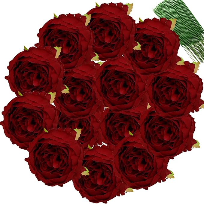 FagusHome 25 Pcs Silk Peony Artificial Flower Heads 4 inch Fake Peony Flowers Heads with Stems Artificial Peony Flower Heads in Bulk Wholesale for Wedding Home Decor (Dark Red)