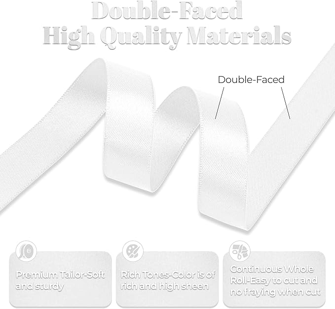 White Satin Ribbon, Double Faced 5/8 Inch X 50 Yards White Ribbon, Premium Satin Ribbon for Gift Wrapping, Crafts, Hair Bow Making, Sewing, Flower Bouquet, Wedding Party Decor