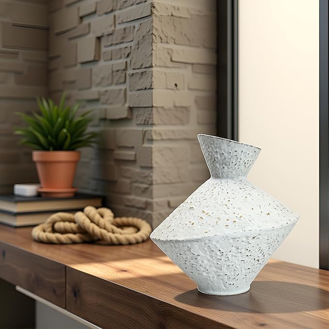 Cast Iron Decorative Vase, Dried Flower Rustic Vases, Wabi Sabi Vase for Modern Home Decor, Living Room, Shelf Decor, Enterway, Wedding, Office, Table, Bedroom, Kitchen, 8.86" H (White)