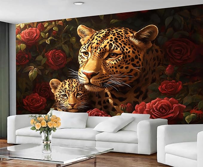 Jungle Rose Leopard Wall Mural, Big Cat Floral 3D Wall Murals, Wild Animal Leopard Wallpaper Mural, for Living Room Bedroom Large Wallpaper Indoor Decor 59" W x39.4 H
