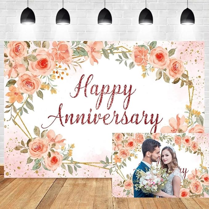 Leyiyi 5x3ft Happy Anniversary Backdrop Watercolor Pink Floral Rose Green Leaves Gold Dots Glitter Photography Background Cheers to Wedding Anniversary Bridal Shower Party Decorations Photo Props