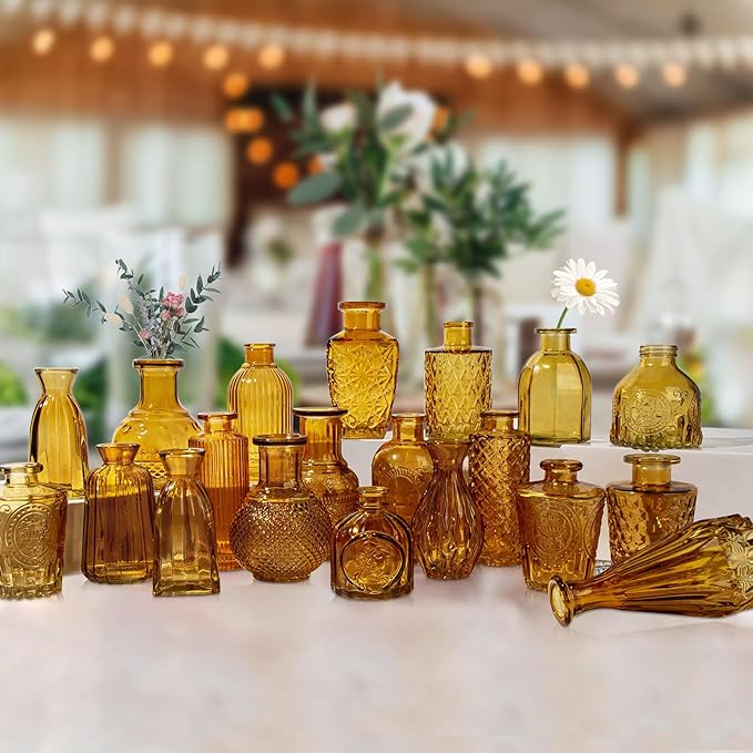 Glass Bud Vases Set of 20, Small Flower Vase in Bulk for Centerpieces, Mini Vintage Amber Vases for Rustic Wedding Vintage Home Table Decor