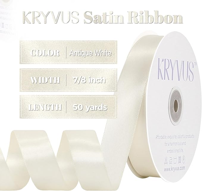Antique White Satin Ribbon, Double Faced 7/8 Inch X 50 Yards Antique White Ribbon, Premium Satin Ribbon for Gift Wrapping, Crafts, Hair Bow Making, Sewing, Flower Bouquet, Wedding Party Decor