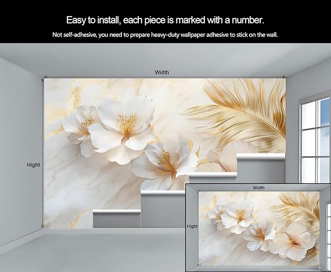 White Flowers Marble Wall Mural, Luxury Floral 3D Wall Murals, Elegant Gold Leaf Design Wallpaper Mural, for Living Room Bedroom Large Wallpaper Indoor Decor 197" W x124.8 H