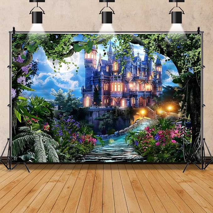 8x6ft Spring Fantasy Castle Palace Backdrop Vinyl Fairy Tale Prince Princess Flower Forest Wonderland Castle Photography Background Girl Home Decor Birthday Party Portrait Photo Props