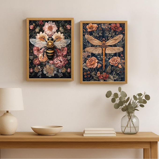 LLEEMPI William Morris Wall Art, Vintage Dragonfly Floral Wall Decor, Abstract Insect Flower Canvas Painting, Nature Botanical Poster Print for Living Room Bedroom Bathroom Office Wood Framed 12x16 inch