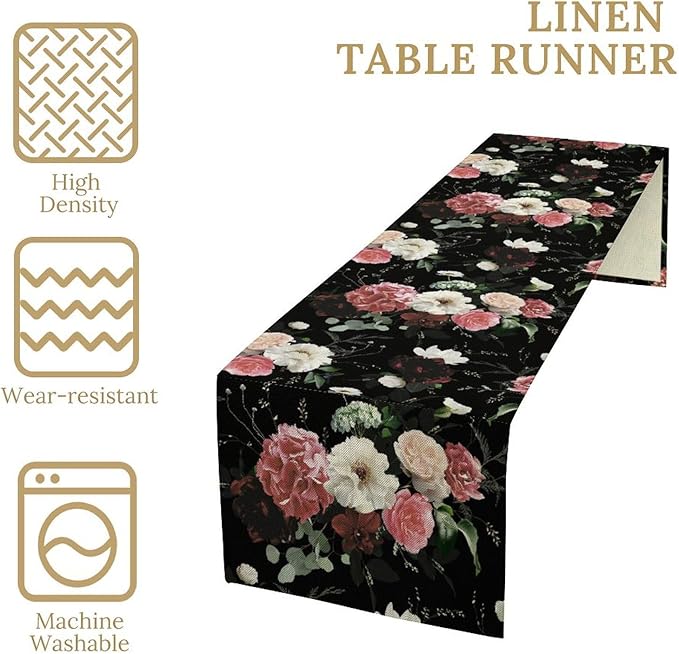 Floral Table Runner,Vintage Gothic Flowers Plant Prints Table Runner for Home Kitchen Table Decor Dining Coffee Room Party Decor 13x120 Inch