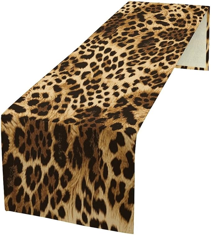 Leopard Skin Print Table Runner, Vintage Cottage Country Farmhouse Wildlife Safari Animal Skin Dinner Runner for Home Kitchen Dining Table Party Holiday Decor 13x36in