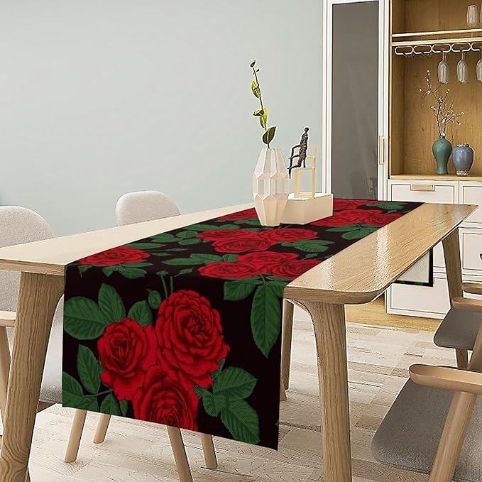 Red Rose Print Table Runner, Romantic Valentines Rose Summer Seasonal Dinner Runner Table Decoration for Home Kitchen Dining Holiday Wedding Party 13x36in