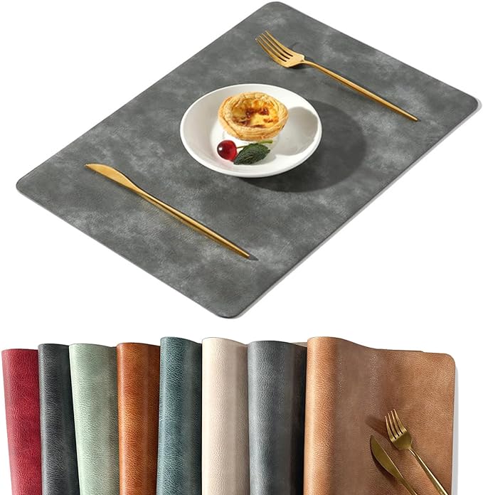 UnivoColors Washed Cowhide Pattern PU Leather Placemats Set of 4 Heat Resistant Kitchen Table Mats, Waterproof Wipeable for Party Decoration(Grey)