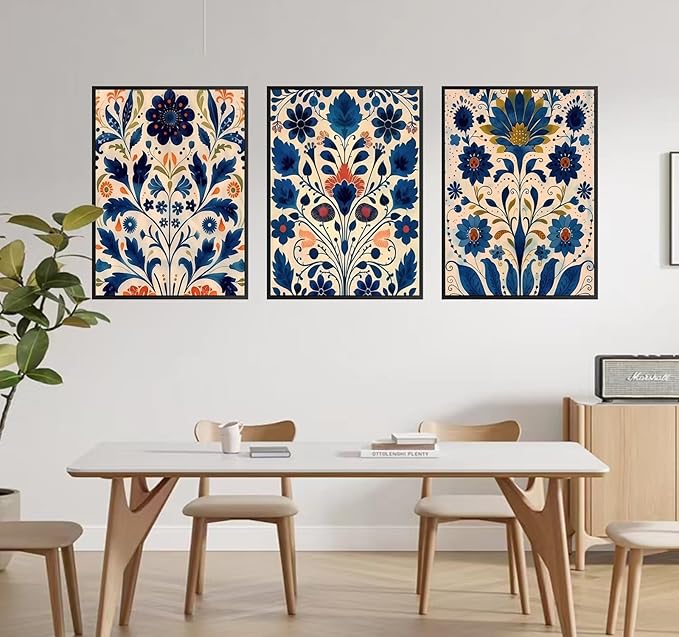 3 Pcs Blue Boho Flower Canvas Wall Art, Floral Painting Poster Wall Decor,Wildflower Botanical Picture for Wall Living Room Bathroom Bedroom Home Decoration 12 * 16 in (Poster no Framed)