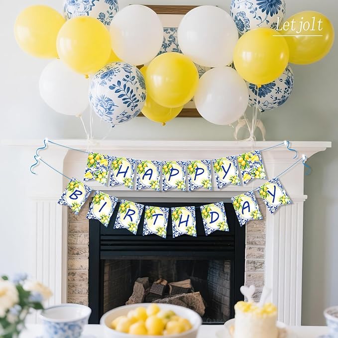 Letjolt Lemon Happy Birthday Banner Blue Girls Birthday Flag Summer Theme Party Signs Baby Shower Decorations Supplies for Women 13 pcs