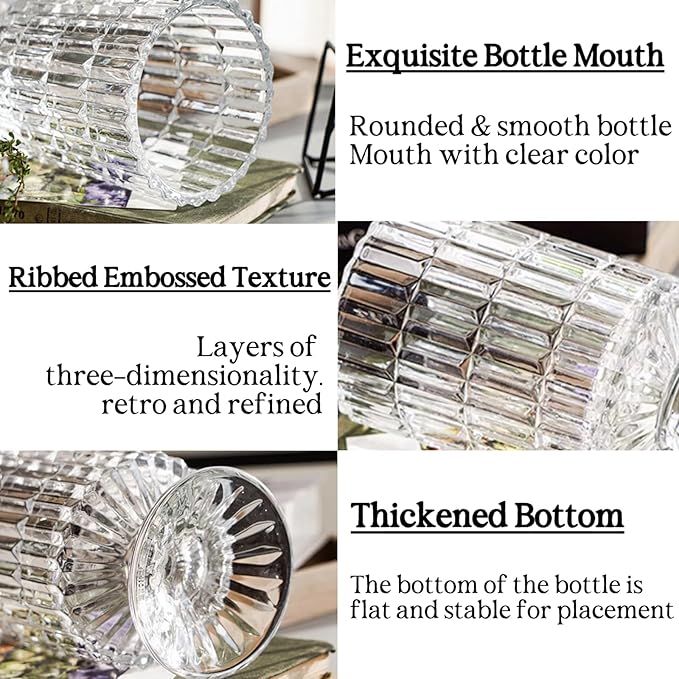 BLOFLO Embossed Glass Vase, 7'' Crystal Glass Vases, Pedestal Big Base Glass Bouquet Vase, Hydroponic Glass Transparent Vase for Home Office Wedding Dining Table Party (Ribbed Pattern)
